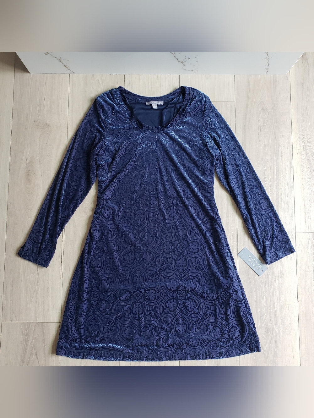 Long Sleeve Navy Blue Velvet Burnout A-Line Dress
